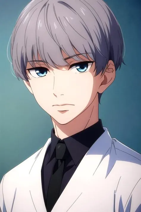 masterpiece, best quality, photorealistic, 1boy, solo, male focus, looking at viewer, upper body, , <lora:ruou_mori:0.70>, ruou_mori, grey hair, blue eyes