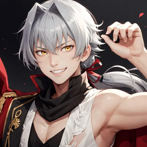 kizaki ren\(side-m\), solo, looking at viewer, 1boy, grin, long hair, looking at viewer, bangs, hair ribbon, yellow eyes, low ponytail, grey hair, close-up