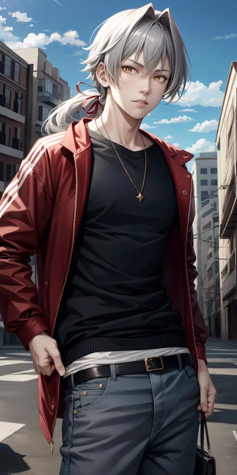 (realistic:1.2), kizaki ren\(side-m\), solo, looking at viewer, 1boy, doyagao, long hair, looking at viewer, bangs, hair ribbon, low ponytail, yellow eyes, grey hair, red jacket, black shirt, pants, day, sky<lora:hipoly3DModelLora_v10:0.3:NF>