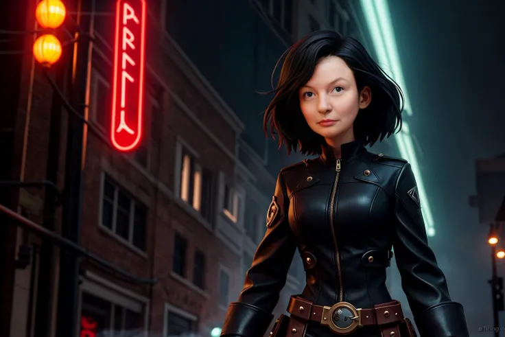 an 18 year old woman, short messy black hair, brown eyes, Trinity out of the Matrix franchise, steampunk dress, dynamic poses, fantasy concept art, aesthetic, symmetrical, james gurney, bouguereau, shigenori soejima, highly detailed, masterpiece, cinematic lighting, bokeh, night time, foggy atmosphere, moody, spiteful, arrogant, dark neon lights, street life