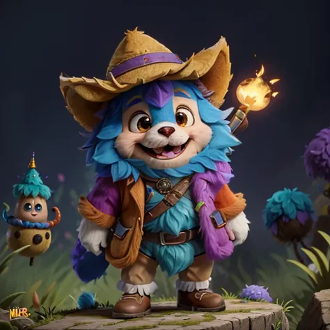 a small,colorful, fuzzy, fluffy fur,,cute,happy, fantz creature, dressed like Indiana Jones, the background is a party. <lora:Small_Mostersv2:0.8>