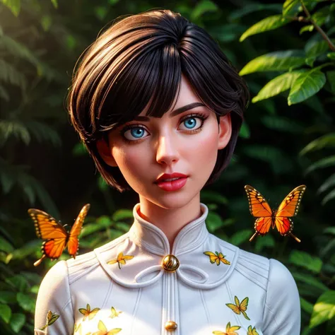 portrait, masterpiece, best quality, ultra-detailed, floating, beautiful detailed eyes, detailed light, fruits, flowers, colorful, garden, colorful background, forest, bird, butterfly (strong yellow birds printed china dress),(white long sleeves),1 woman,(upper body), high heels,(short hair:1.1), (realistic:1.7),((best quality)),absurdres,(ultra high res),(photorealistic:1.6),photorealistic,octane render,(hyperrealistic:1.2), (photorealistic face:1.2), (8k), (4k), (Masterpiece),(realistic skin texture), (illustration, cinematic lighting,wallpaper),(beautiful eyes:1.2),((((perfect face)))),(cute),(standing),(black hair),(short hair),black eyes,red lips, (outdoors), <lora:add_detail:1>