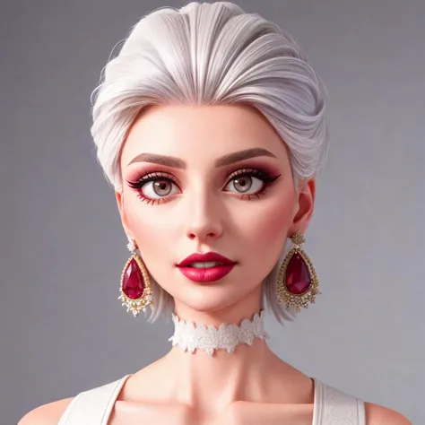 4K, Masterpiece, highres, absurdres, 1woman, solo, looking at viewer, simple background, white background, jewelry, white hair, earrings, teeth, choker, lips, grey eyes, makeup, lipstick, portrait, realistic, with edgMarquise hairstyle, <lora:add_detail:1>