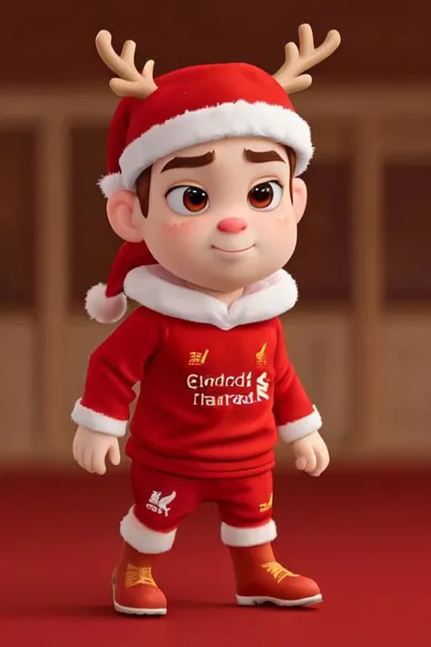 (disney pixar style:1.2) (cute adorable reindeer with the likeness of Andy Robertson:1.2), (wearing a red Liverpool santa hat and red Liverpool jersey:1.2), Andy Robertson as a cute adorable reindeer dribbling a soccer ball down a soccer field, fierce look of determination, team of reindeer with red Liverpool soccer jerseys