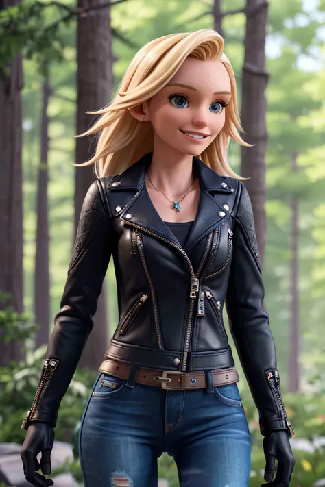 photo of S084_SammieDaniels, a stylish woman, in the (woods), wearing a (leather-jacket) and (blue-jeans:1.1), (smiling), (8k, RAW photo, best quality, DOF, ultra high res:1.2), (absurdres, intricate, photorealistic, masterpiece, ultra-detailed, Unreal Engine:1.3)