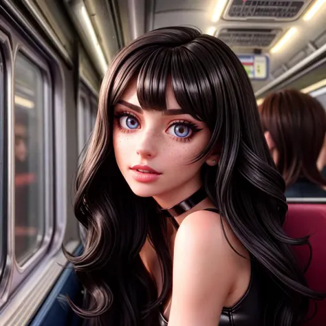 Portriat of ((stunning)) woman wearing a black choker with (thick shiny wavy black:1.3) hair ((highly detailed eyes)), ethereal, seductive, ((perfect eyes)), (nude glossy lips), model, ((angelic)), photorealistic, full, 4K, trending on artstation,(masterpiece), hyperrealistic, (perfect face),RAW photo, (a portrait photo of a 25y.o. woman:1.2), dim lit, (sitting, inside train:1.1), (small breasts:1.3), (happy:1.1), (high detailed skin:1.0), detailed eyes, 8k uhd, dslr, soft lighting, best quality, film grain, Fujifilm XT3, (raver style:1.2), medium hair, Blowout hair, (straight hair:1.1), (colorful hair:1.1), (oily hair:0.8), (eyeliner:1.0), (freckles:0.9), (irish woman:1.3), <lora:add_detail:1>