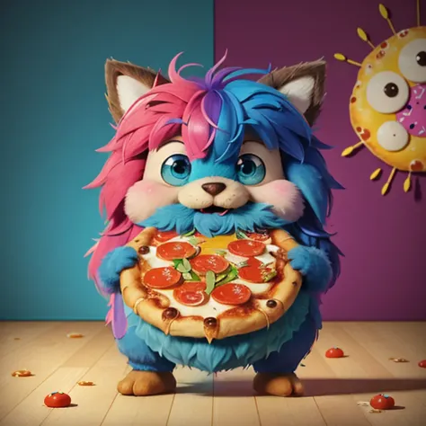 a small,colorful, fuzzy, fluffy fur,,cute,happy, fantz creature, eating pizza, The background is a large cozy room, a video game console and stained walls. <lora:Small_Mostersv2:0.8>