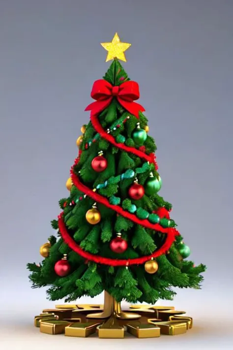 3d model of Christmas tree character in digital art style, hight quality,detailed, colorful aura, brightly, festively, sharpest possible image