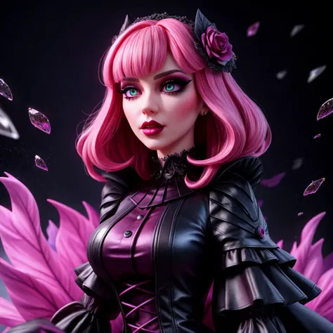 1woman, ultra detailed digital art,makeup, goth, dress, hairstyle, realistic eyes, doll, lips, makeup, dramatic, splash of pink paint on body, trending on artstation, sharp focus, perfect composition, concept art, 8k, studio photo, ethereal colors background, volumetric lighting, light studio, vibrant, <lora:add_detail:1>