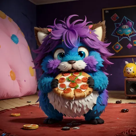 a small,colorful, fuzzy, fluffy fur,,cute,happy, fantz creature, eating pizza, The background is a large cozy room, a video game console and stained walls. <lora:Small_Mostersv2:0.8>