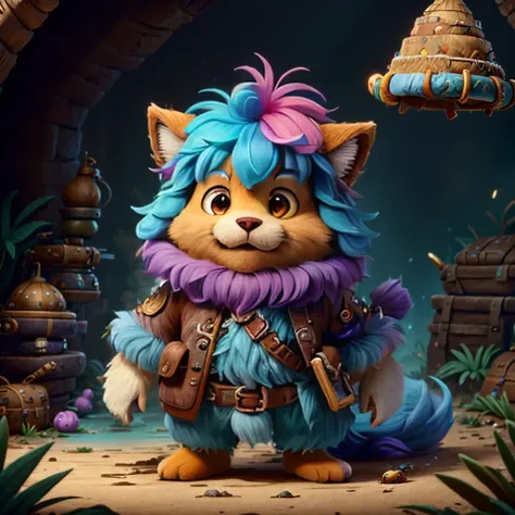 a small,colorful, fuzzy, fluffy fur,,cute,happy, fantz creature, dressed like Indiana Jones, the background is a party. <lora:Small_Mostersv2:0.8> <lora:ExpeditionStyle(1):0.8>