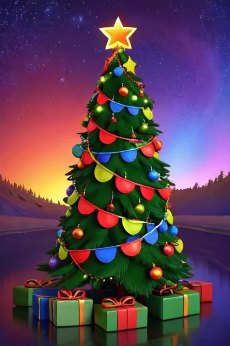 3d model of Christmas tree character in digital art style, hight quality,detailed, colorful aura, brightly, festively, sharpest possible image