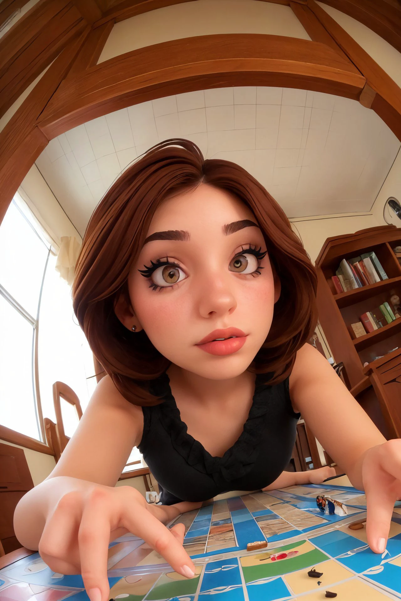 (from below, closeup on face:1.2) photo of <lora:CandelaGallo_v1:.9> CandelaGallo wearing makeup and lipstick and eyeliner,
she is wearing sarashi,
she is wearing fingerless gloves,
her hair is styled as rooted lob hair,
BREAK she is (playing a board game:1.1),
overcast flat lighting,
8mm fisheye lens
,technicolor,