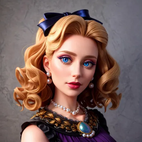 4K, Masterpiece, highres, absurdres, 1woman, solo, looking at viewer, blue eyes, blonde hair, ribbon, jewelry, hair ribbon, necklace, makeup, lipstick, portrait, eyeshadow, curly hair, realistic, pearl necklace, with edgMarquise hairstyle, <lora:add_detail:1>