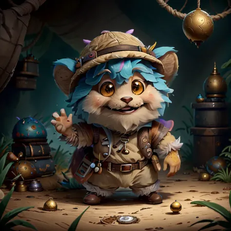 a small,colorful, fuzzy, fluffy fur,,cute,happy, fantz creature, dressed like Indiana Jones. the background is a large pile of coins <lora:Small_Mostersv2:0.8> <lora:ExpeditionStyle(1):0.8> <lora:JungleExpa:0.8><lora:JungleExp:1.0>
