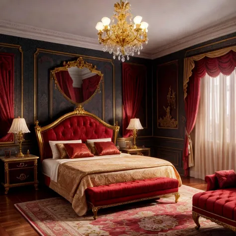 womanMasterpiece, 4K, beautiful design, absurdres,,lh_room, a bedroom with a bed and a chandelier, (masterpiece:1.3) (painting:1.1) (best quality) (detailed) (intricate) (8k) (HDR) (wallpaper) (cinematic lighting) (sharp focus), <lora:add_detail:1>