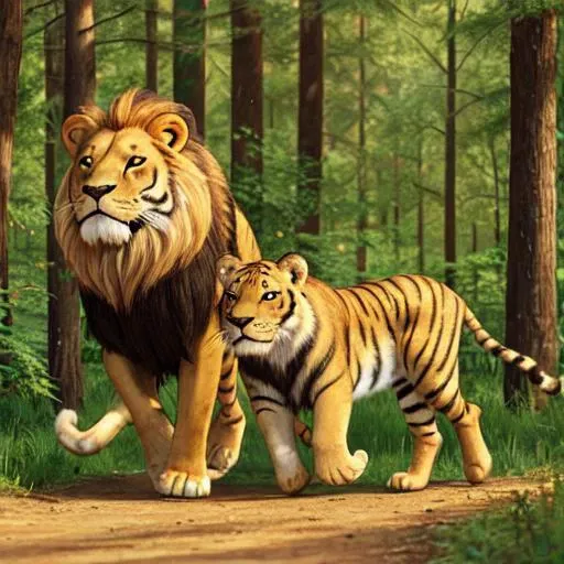 Lion walking with a tiger in the forest on a sunny day