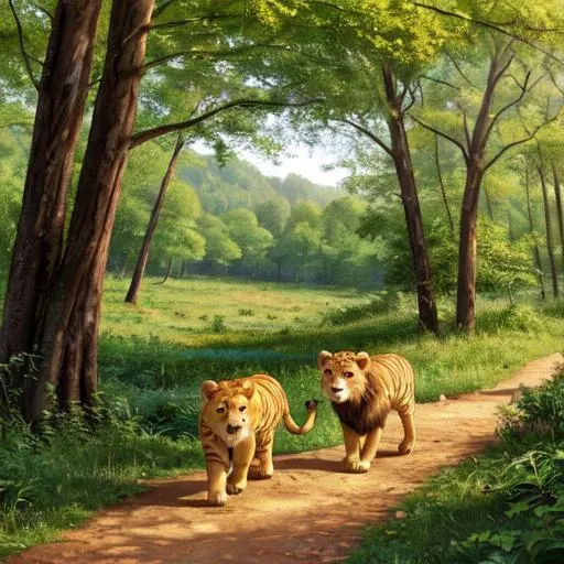 Lion walking with a tiger in the forest on a sunny day