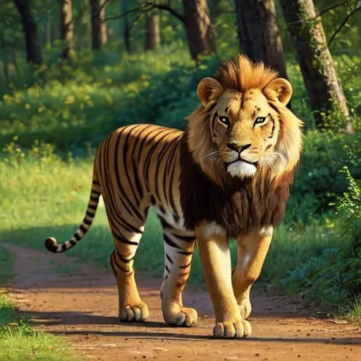 Lion walking with a tiger in the forest on a sunny day