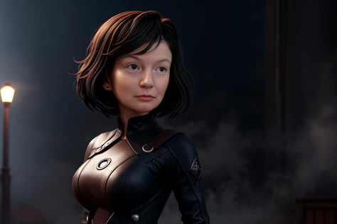 an 18 year old woman, short messy black hair, brown eyes, Trinity out of the Matrix franchise, steampunk dress, dynamic poses, fantasy concept art, aesthetic, symmetrical, james gurney, bouguereau, shigenori soejima, highly detailed, masterpiece, cinematic lighting, bokeh, night time, foggy atmosphere, moody, spiteful, arrogant, dark neon lights, street life