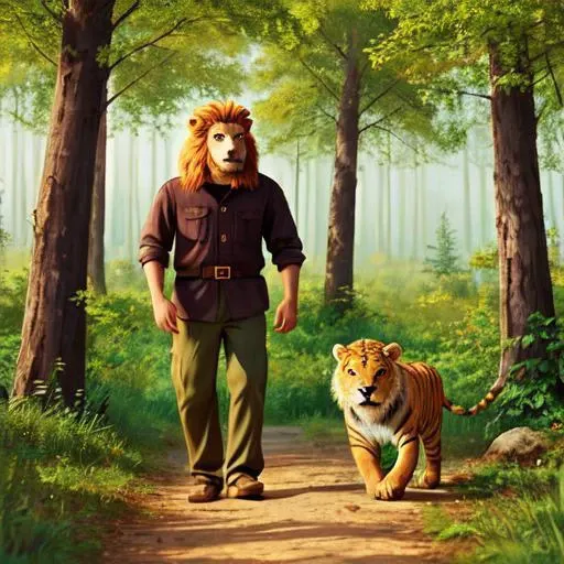 Lion walking with a tiger in the forest on a sunny day