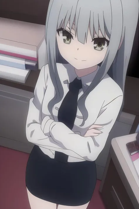 <lora:Sora-t7_v1:1>,Sora_t7,
masterpiece,best quality,1girl,solo,nice hand,good hand,
grey hair,standing,bow,thighs,office outfit,pencil skirt,white shirt,