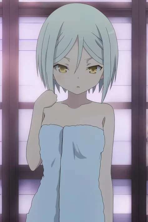 nsfw , Yoroi Mikoto , (((highres official art))) , (((1girl))) , (((solo))) , (((nude))) , blue hair , antenna hair , brown eyes , blush , shy , standing, (((upper body)))
