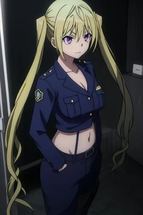 <lora:last:1>,masterpiece,best quality,1girl,solo,Lieselotte_Sherlock,twintails,purple eyes,(police uniform:1.5),