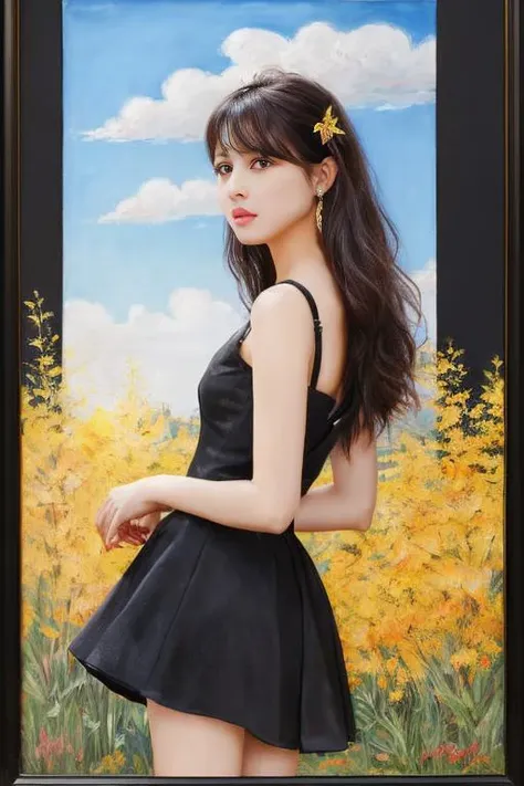 "Imagine a spirited girl with sleek black hair, wearing a vibrant dress, in an open field under the vast sky. Her eyes, full of life and curiosity, shine brightly, mirroring the boundless beauty of nature., trending on ArtStation, trending on CGSociety, Intricate, High Detail, Sharp focus, dramatic, photorealistic painting art by midjourney and greg rutkowski