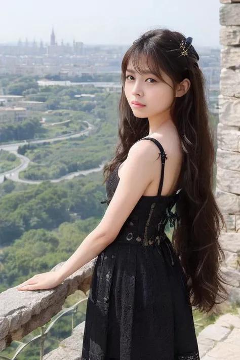 Envision a brave girl with long black hair, gazing out from a high tower. Her medieval-style dress reflects the ancient stone structure. Her eyes, filled with determination, overlook the sprawling landscape below. The tower's stone details, the panoramic view of the kingdom, and the setting sun casting long shadows provide a dramatic setting for her figure
