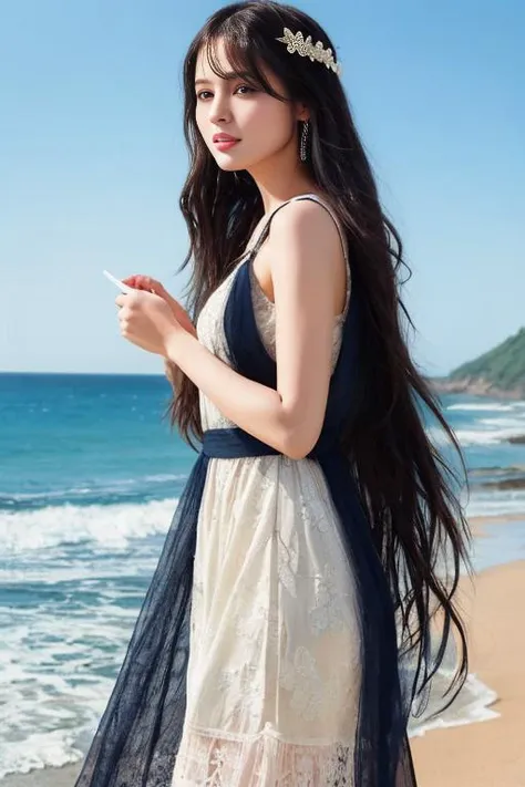 Depict a youthful girl with long black hair, dressed in a breezy dress, standing on a sandy beach. Her joyous gaze towards the endless ocean exudes a sense of freedom, blending harmoniously with the serene seascape, trending on ArtStation, trending on CGSociety, Intricate, High Detail, Sharp focus, dramatic, photorealistic painting art by midjourney and greg rutkowski