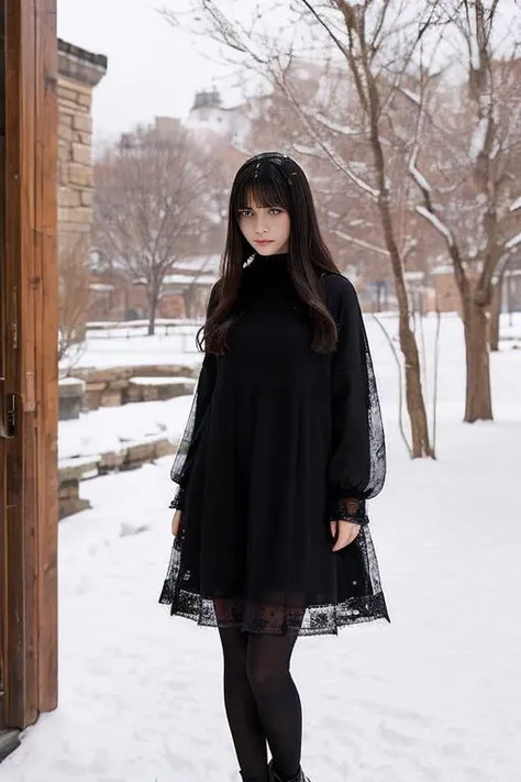 Imagine a young maiden with long, glossy black hair adorned with neat bangs, standing in the grandeur of an ancient castle. Her elaborate dress, echoing the architectural splendor, billows slightly with the cool stone-floor draft. Her dark, sparkling eyes reveal a story of mystery and intrigue as they gaze upon centuries-old tapestries. Streaks of sunlight pierce through the leadlight windows, casting ethereal patterns on her and the weathered stone walls, adding to the mystic allure., Envision a resilient girl with black hair, standing boldly in a mesmerizing snowy landscape. Her warm, brightly-colored dress offers a stark contrast to the surrounding white blanket. Her eyes, full of awe and admiration, reflect the pristine beauty of the scene. Snowflakes gently descend around her, the snow-covered trees stand silent witnesses, and a frozen lake glistens under the pale winter sun, creating a stunning tableau of peaceful solitude.
