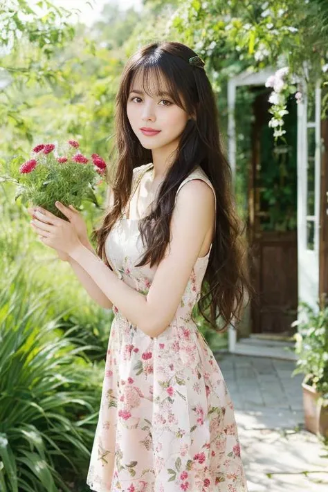 Visualize a nature-loving girl with long, flowing black hair, meandering through a lush botanical garden. Her floral dress blends harmoniously with the colorful environment. Her eyes, gleaming with joy, are captivated by the exotic plants and flowers. The verdant greenery, the variety of flora, and a distant ornate greenhouse serve as a vivid and vibrant backdrop