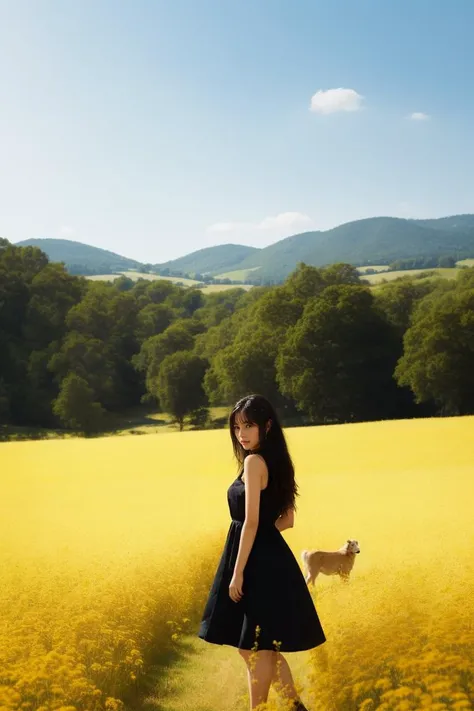 Visualize a lively girl with flowing black hair, exploring a bustling farm. She is dressed in a simple, comfortable dress, her attire reflecting the honest simplicity of rural life. Her eyes, full of wonder and joy, sparkle as she interacts with various farm animals. The backdrop is a panorama of green pastures, a rustic barn, and a clear blue sky, complete with a dazzling sun that bathes the whole scene in a warm, golden light., "Imagine a spirited girl with sleek black hair, wearing a vibrant dress, in an open field under the vast sky. Her eyes, full of life and curiosity, shine brightly, mirroring the boundless beauty of nature., trending on ArtStation, trending on CGSociety, Intricate, High Detail, Sharp focus, dramatic, photorealistic painting art by midjourney and greg rutkowski