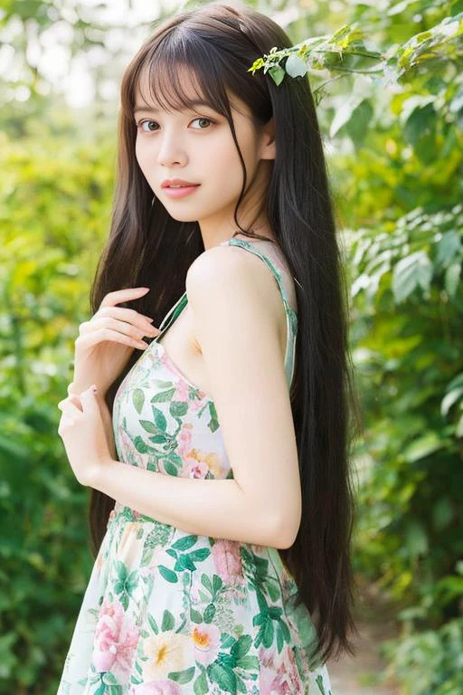 Visualize a nature-loving girl with long, flowing black hair, meandering through a lush botanical garden. Her floral dress blends harmoniously with the colorful environment. Her eyes, gleaming with joy, are captivated by the exotic plants and flowers. The verdant greenery, the variety of flora, and a distant ornate greenhouse serve as a vivid and vibrant backdrop