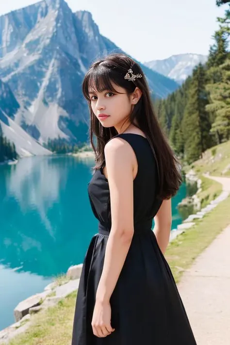 Portray a resilient girl with shiny black hair, garbed in a sturdy dress, standing atop a majestic mountain. Her determined gaze towards the distant horizon signifies strength and courage, resonating with the grandeur of the mountainous backdrop, Picture a dreamy girl with black hair, donned in a flowing dress, sitting by a serene lake. Her tranquil gaze towards the still water reflects a sense of peace, beautifully mirroring the calmness of the lake.