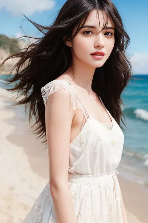 Depict a youthful girl with long black hair, dressed in a breezy dress, standing on a sandy beach. Her joyous gaze towards the endless ocean exudes a sense of freedom, blending harmoniously with the serene seascape, trending on ArtStation, trending on CGSociety, Intricate, High Detail, Sharp focus, dramatic, photorealistic painting art by midjourney and greg rutkowski