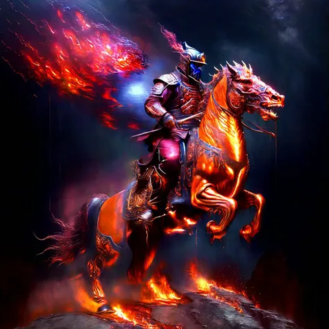 solvique side view of a magnificent fearful mature Peruvian male space marine riding a fire-breathing horse in a canyon landscape, at night, very detailed, intricate, seasonal colour palette <lora:solvique:1> AND solvique cs-m3tal-ok_v06-1000 <lora:solvique:0.8>