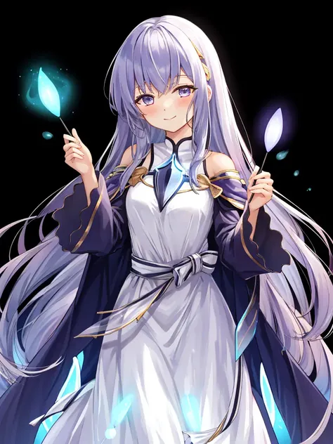 masterpiece, best quality, julia fe, <lora:Julia_FE-10:0.7>, 1girl, solo, long hair, looking at viewer, blush, smile, negative space, (bioluminescence:1.2), darkness, dark background, long sleeves, dress, bare shoulders, medium breasts, very long hair, wide sleeves, cape, white dress, circlet