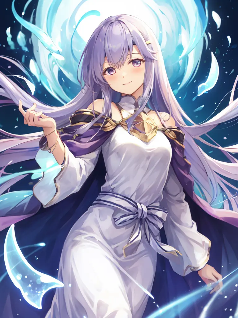 masterpiece, best quality, julia fe, <lora:Julia_FE-10:0.9>, 1girl, solo, long hair, looking at viewer, blush, smile, negative space, (bioluminescence:1.2), darkness, dark background, long sleeves, dress, bare shoulders, medium breasts, very long hair, wide sleeves, cape, white dress, circlet