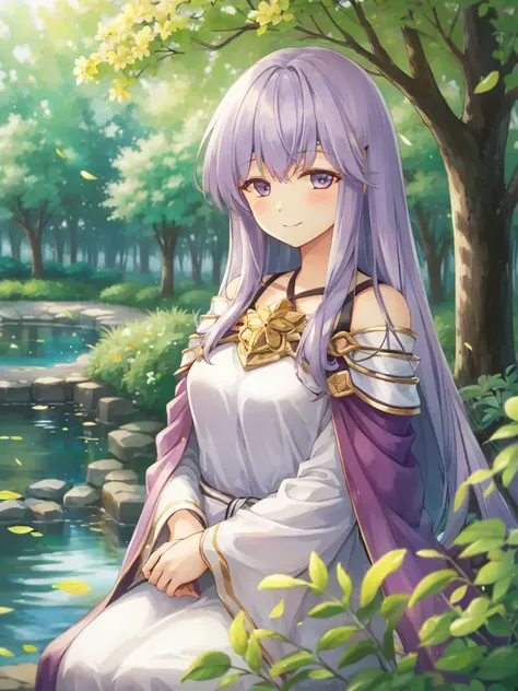 masterpiece, best quality, julia fe, <lora:Julia_FE-10:1>, 1girl, solo, long hair, looking at viewer, blush, smile, nature, pond, trees, park, long sleeves, dress, bare shoulders, medium breasts, very long hair, wide sleeves, cape, white dress, circlet