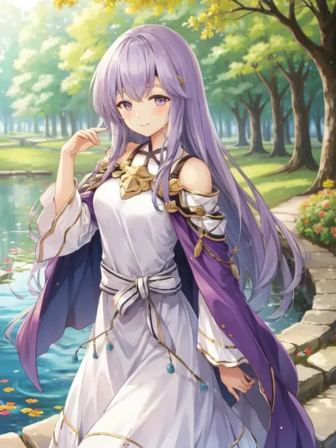 masterpiece, best quality, julia fe, <lora:Julia_FE-10:1>, 1girl, solo, long hair, looking at viewer, blush, smile, nature, pond, trees, park, long sleeves, dress, bare shoulders, medium breasts, very long hair, wide sleeves, cape, white dress, circlet