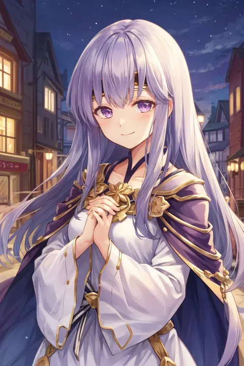 masterpiece, best quality, julia fe,  <lora:Julia_FE-10:0.85>, 1girl, solo, long hair, looking at viewer, smile, (town scenery), long sleeves, dress, closed mouth, upper body, wide sleeves, cape, own hands together, circlet