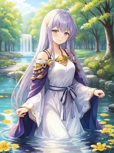 masterpiece, best quality, julia fe,  <lora:Julia_FE-10:0.9>, 1girl, solo, long hair, looking at viewer, blush, smile, nature, pond, trees, park, long sleeves, dress, bare shoulders, medium breasts, very long hair, wide sleeves, cape, white dress, circlet