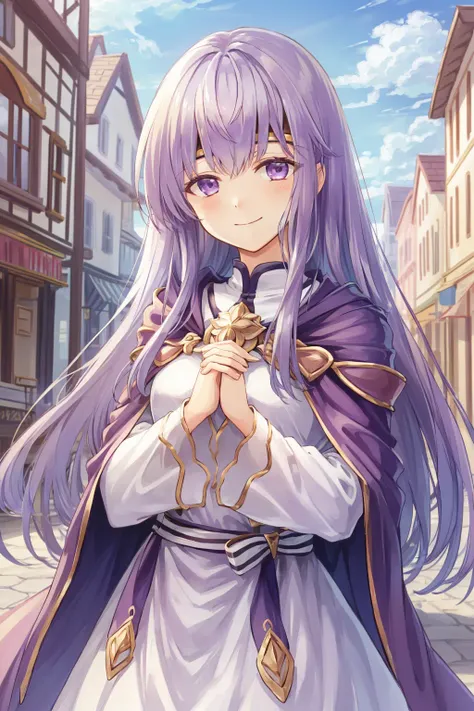 masterpiece, best quality, julia fe, <lora:Julia_FE-10:1>, 1girl, solo, long hair, looking at viewer, smile, (town scenery), long sleeves, dress, closed mouth, upper body, wide sleeves, cape, own hands together, circlet