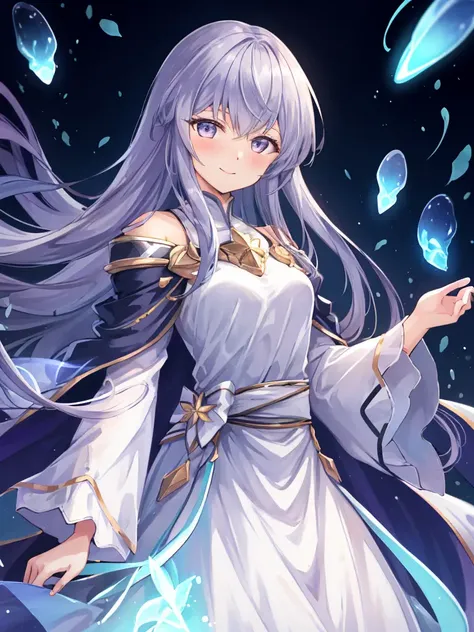 masterpiece, best quality, julia fe,  <lora:Julia_FE-10:0.7>, 1girl, solo, long hair, looking at viewer, blush, smile, negative space, (bioluminescence:1.2), darkness, dark background, long sleeves, dress, bare shoulders, medium breasts, very long hair, wide sleeves, cape, white dress, circlet