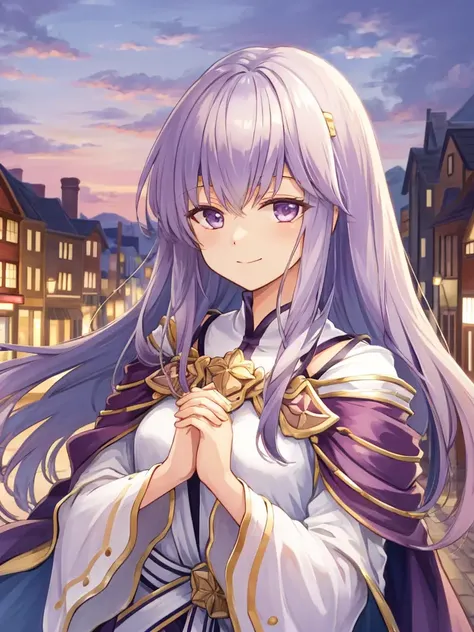 masterpiece, best quality, julia fe, <lora:Julia_FE-10:1>, 1girl, solo, long hair, looking at viewer, smile, (town scenery), long sleeves, dress, closed mouth, upper body, wide sleeves, cape, own hands together, circlet