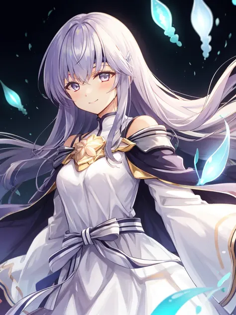 masterpiece, best quality, julia fe, <lora:Julia_FE-10:0.9>, 1girl, solo, long hair, looking at viewer, blush, smile, negative space, (bioluminescence:1.2), darkness, dark background, long sleeves, dress, bare shoulders, medium breasts, very long hair, wide sleeves, cape, white dress, circlet