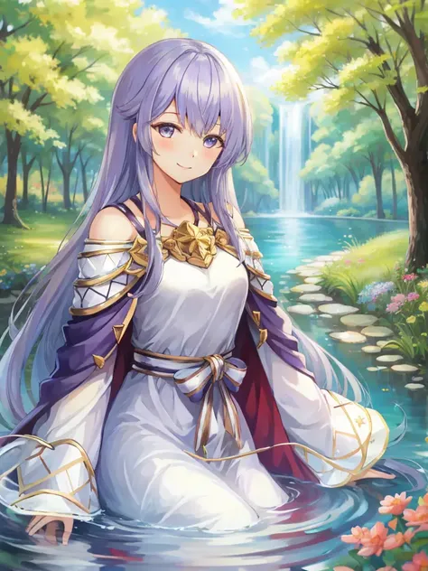 masterpiece, best quality, julia fe, <lora:Julia_FE-10:0.9>, 1girl, solo, long hair, looking at viewer, blush, smile, nature, pond, trees, park, long sleeves, dress, bare shoulders, medium breasts, very long hair, wide sleeves, cape, white dress, circlet