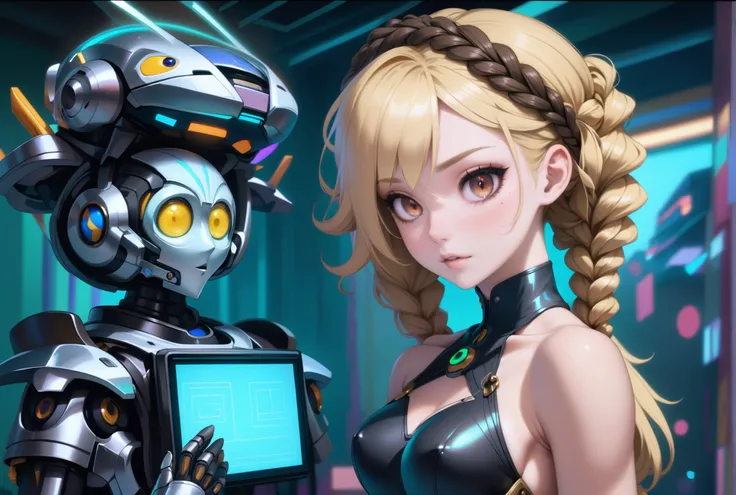 digital painting, atompunk, Chrome detail,Analog computer, robot girl1girl, woman, dark knight, vivid brown hair, Rope Twists,twin drills, (full body:0.5), [:revealing costume design:0.2], bombshell hair, blonde hair, Brushed Out Curls,bombshell hime cut, athletic hourglass figure, caucasian<lora:EnvyAtompunkXL01:0.25>